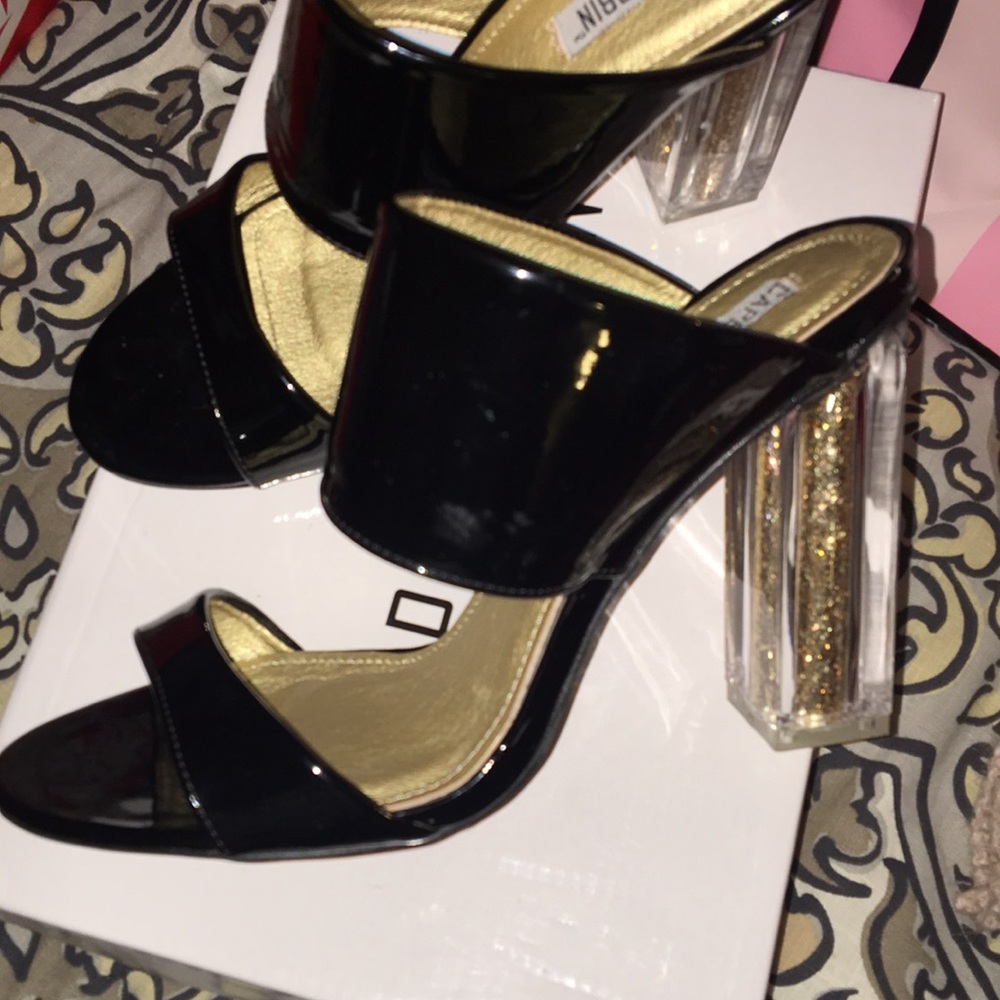 Black, clear glitter heel mules